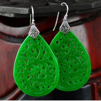 Green Jade Carved Drop Earrings - Wnkrs