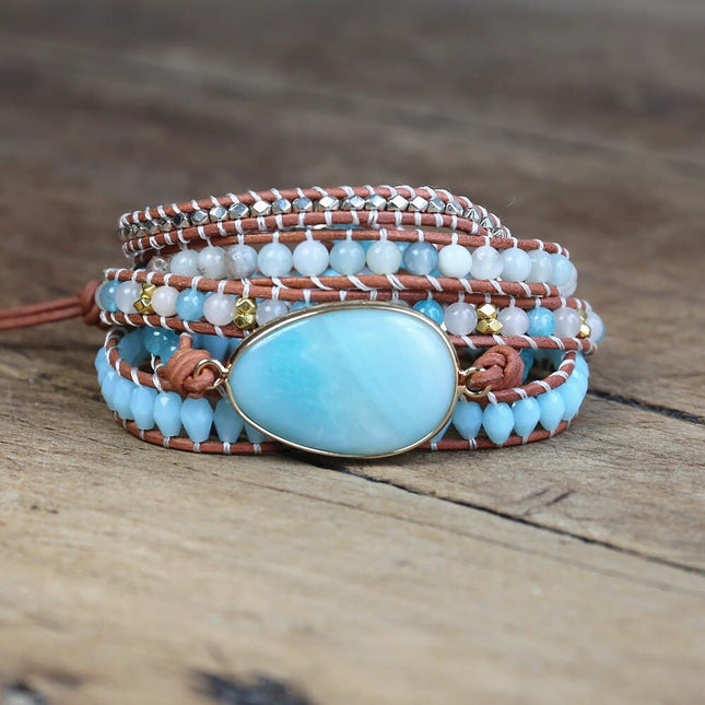 Amazonite Stone 5 Strand Leather Wrap Bracelet - Wnkrs