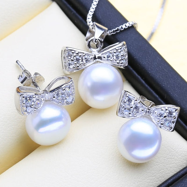 Cute 925 Silver Pearls Necklace and Earrings Women's Jewelry 3 pcs Set - Wnkrs