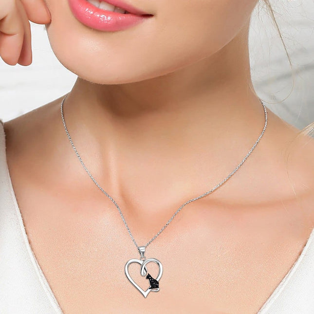 Romantic Heart & Cat Shaped Silver Women's Necklace - wnkrs