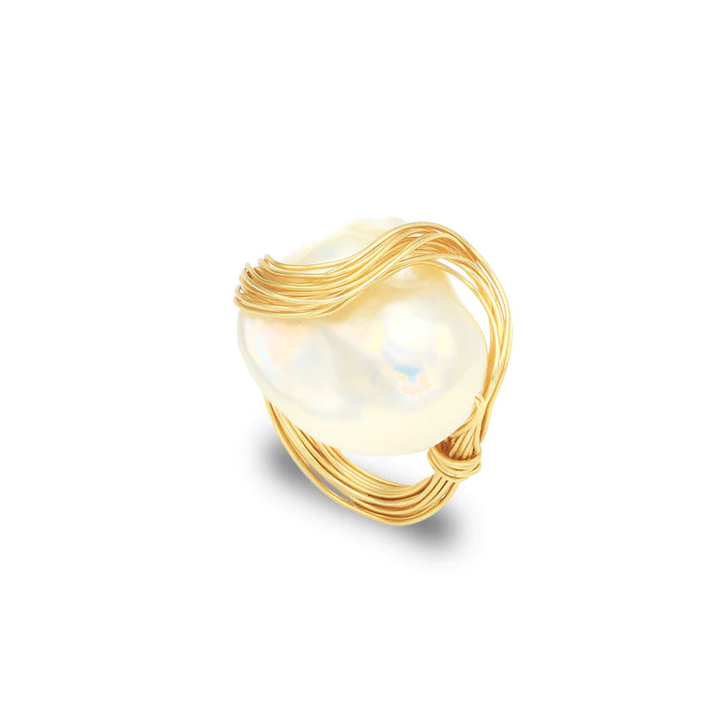 Baroque Handmade Natural Freshwater White Pearl Ring for Women