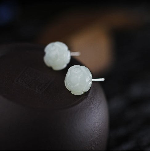 Natural White Jade Flower Earrings