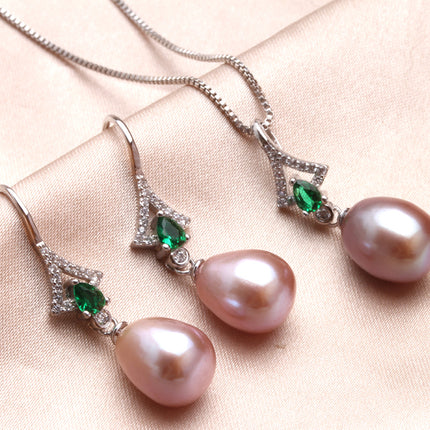 Women’s Green Stones 925 Silver Pearls Jewelry 3 pcs Set - Wnkrs
