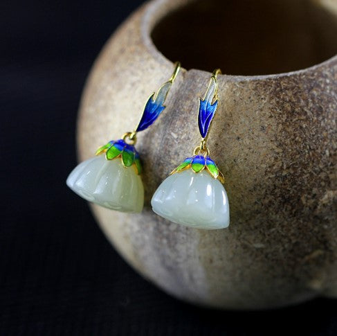 White Jade Flower Enamel Earrings
