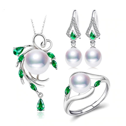 925 Silver Pearls Women's Jewelry with Emerald 4 pcs Set - wnkrs