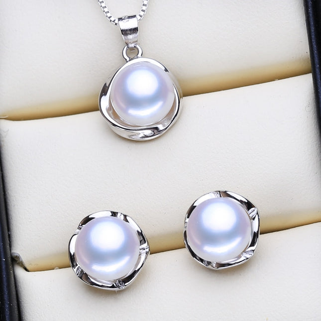 Women’s Classic Round Shaped 925 Silver Pearls Necklace and Earrings Jewelry 3 pcs Set - Wnkrs