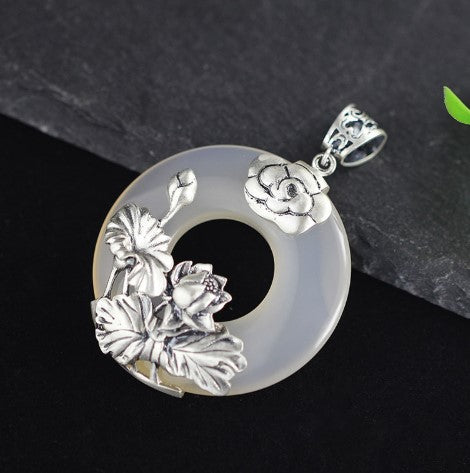 Natural Jade Floral Hoop Pendant