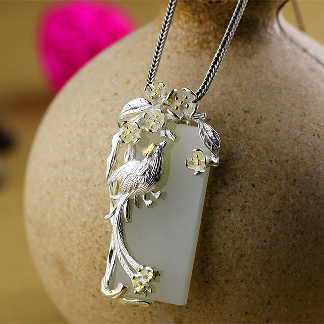 Natural White Jade Silver Peacock Pendant - wnkrs