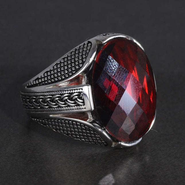Men's Pure 925 Sterling Silver Ring with Red Stone