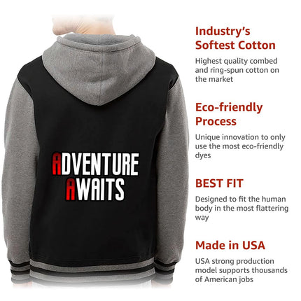 Adventure Awaits Varsity Hoodie - Inspirational Zip Hoodie - Cool Hooded Sweatshirt - wnkrs