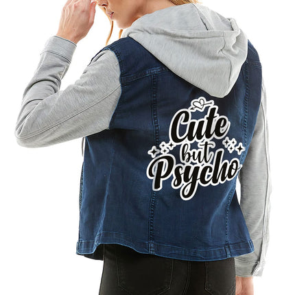Cute but Psycho Ladies Denim Jacket with Fleece Hoodie - Cool Women's Denim Jacket - Cute Design Denim Jacket - Wnkrs