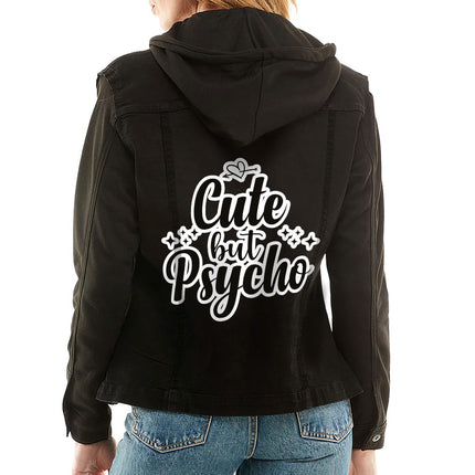 Cute but Psycho Ladies Denim Jacket with Fleece Hoodie - Cool Women's Denim Jacket - Cute Design Denim Jacket - Wnkrs
