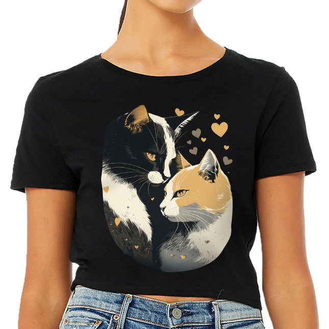 Cat Love Women's Cropped T-Shirt - Couple Style Crop Top - Printed Cropped Tee