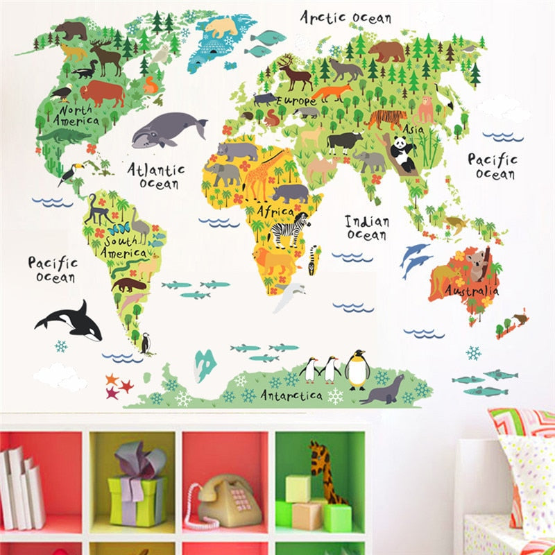 Animals and World Map Wall Sticker