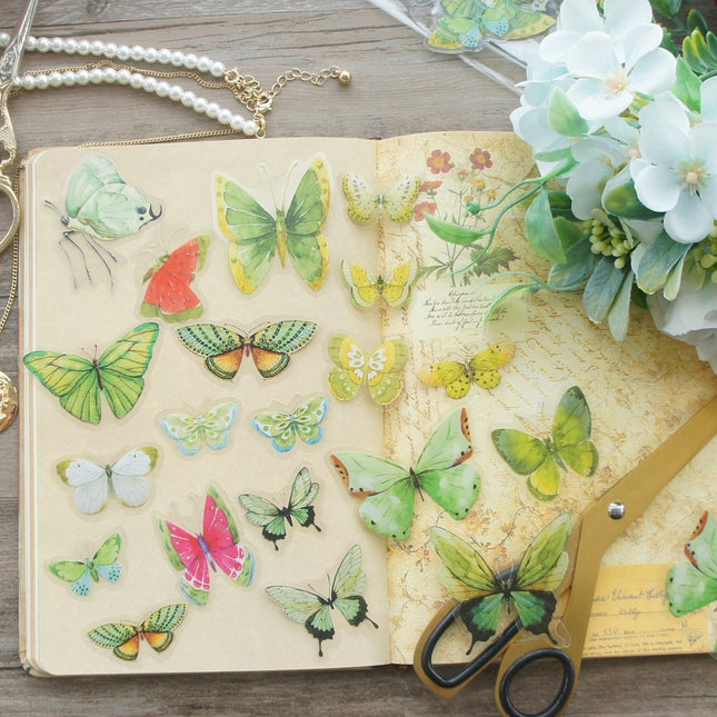 Watercolor Green / Yellow Butterfly PVC Stickers 38 pcs Set - wnkrs