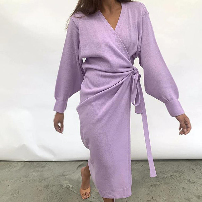 Knitted Women's Wrap Dress with V-Neck - wnkrs