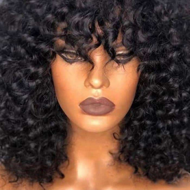 200 Density Curly Human Hair Wig with Bang - wnkrs