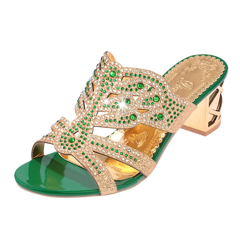 Rhinestone Hollow Out High Heeled Flip Flops