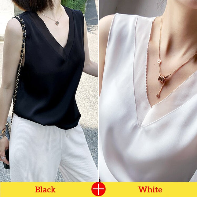 Women's V-Neck Sleeveless Silk Top - Wnkrs