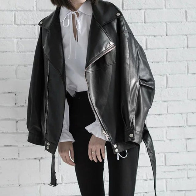Women's Black PU Leather Loose Jacket - Wnkrs