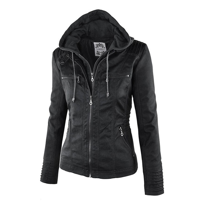 Women's Hooded Slim Leather Jacket