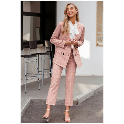 Pink Plaid Double Breasted Blazer with Pants Suit for Women - Wnkrs