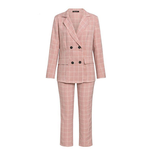 Pink Plaid Double Breasted Blazer with Pants Suit for Women