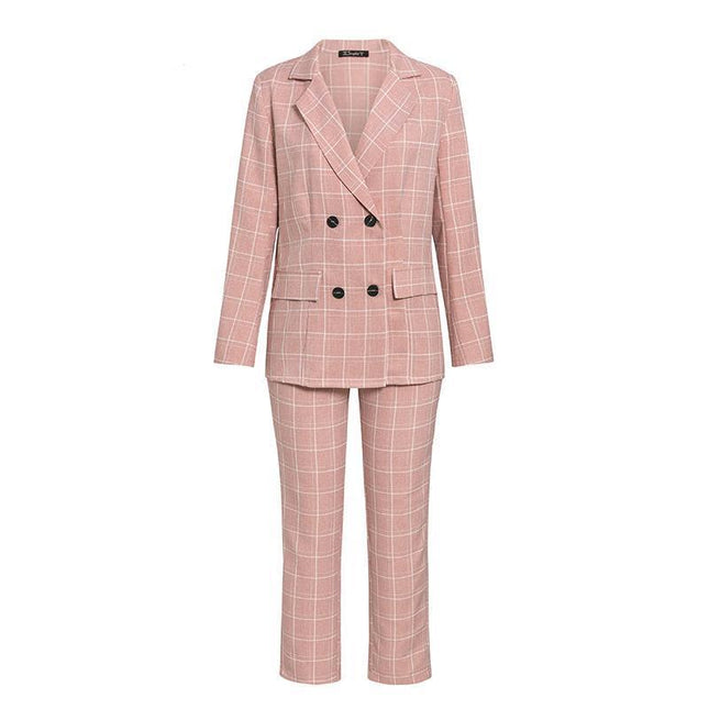 Pink Plaid Double Breasted Blazer with Pants Suit for Women - Wnkrs