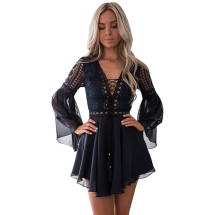 Women's Lace Embroidery Flare Sleeve Mini Dress - wnkrs