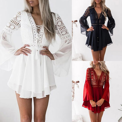 Women's Lace Embroidery Flare Sleeve Mini Dress - wnkrs