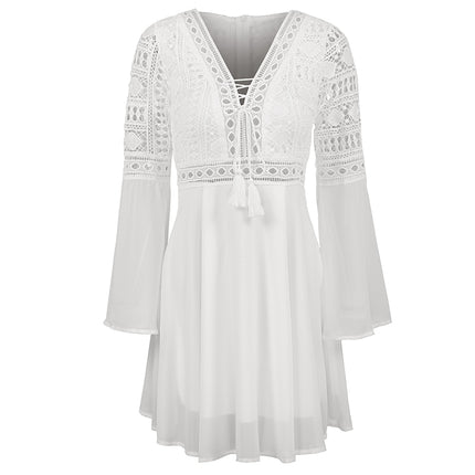 Women's Lace Embroidery Flare Sleeve Mini Dress - wnkrs