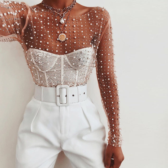 Women's Pearl Embellished Crop Top - Elegant and Trendy Fashion Piece