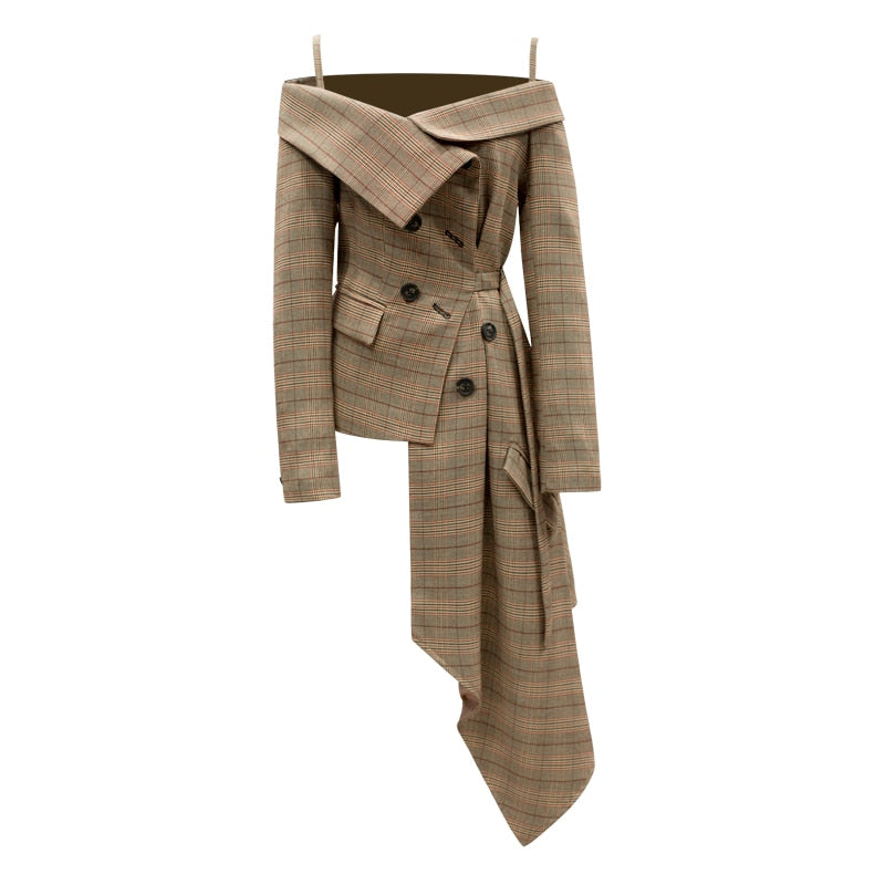 Elegant Off the Shoulder Plaid Women's Blazer