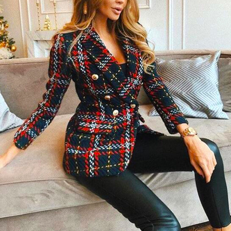 Red Plaid Tweed Blazer for Women