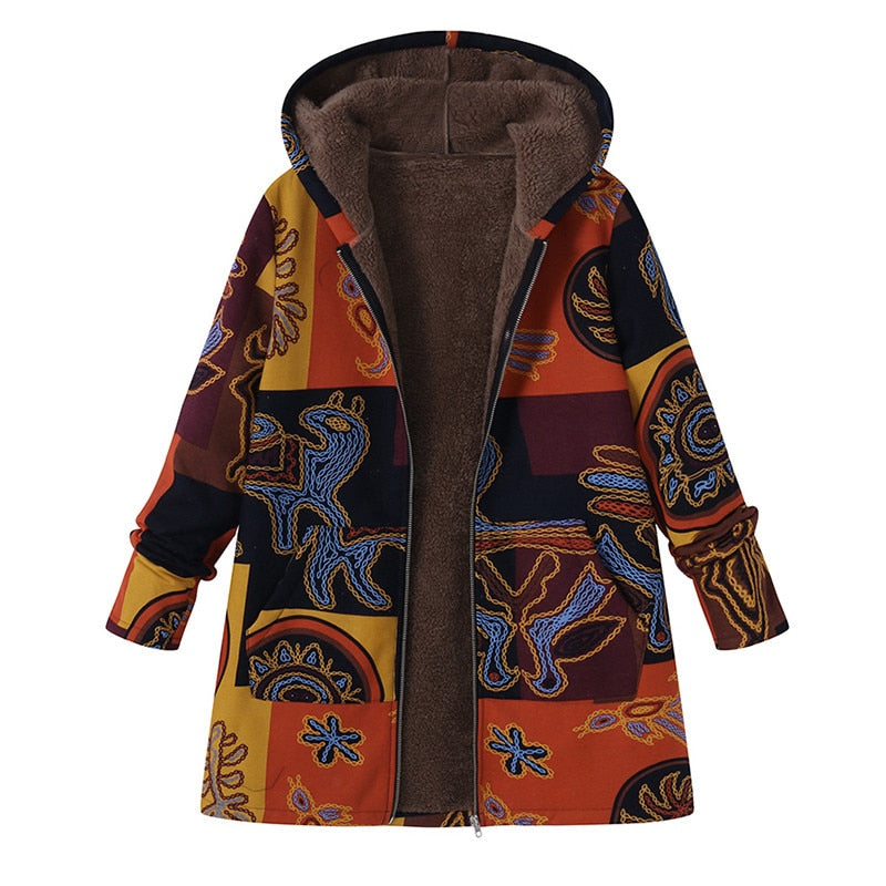 Women's Ethnic Hooded Thicken Warm Faux Fluffy Jacket