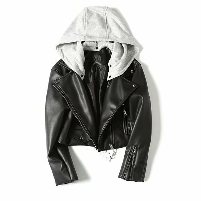 Black Women's Leather Jacket with Hood - Wnkrs