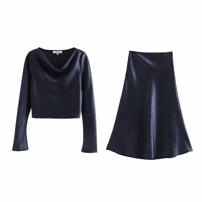 Women’s Elegant Silk Crop Top and Skirt 2 pcs Set