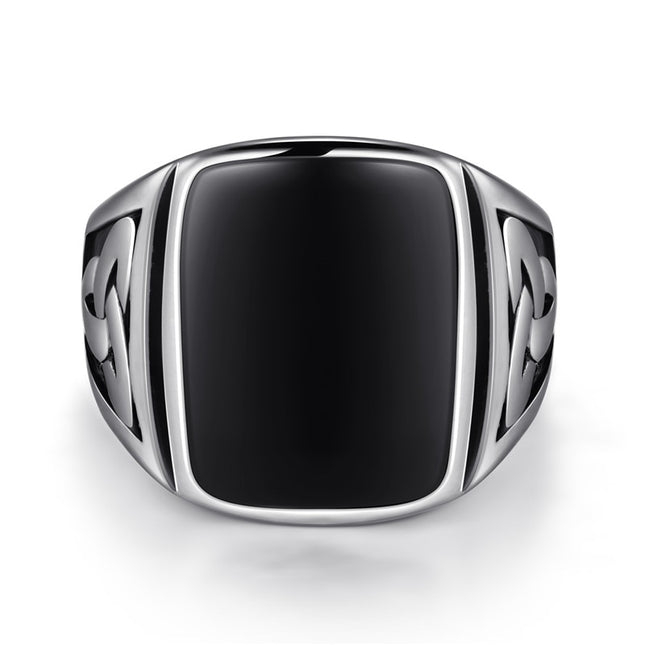 Square Steel Black Stone Titanium Ring for Men