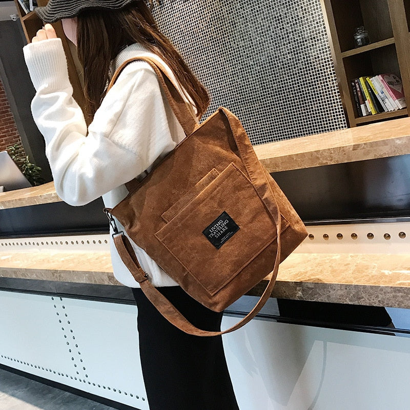 Women's Zipped Corduroy Tote Bag