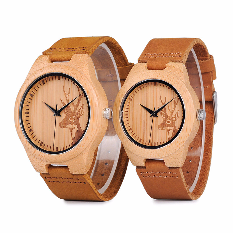 Wooden Watch with Soft Brown Leather Strap for Couples and Lovers