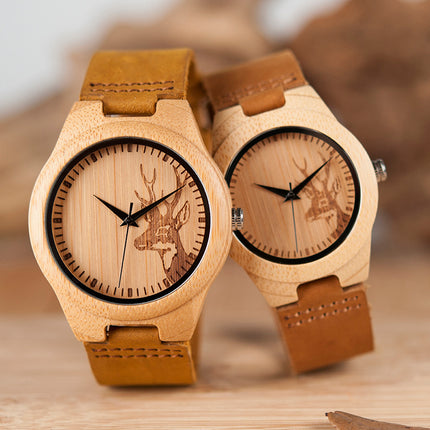 Wooden Watch with Soft Brown Leather Strap for Couples and Lovers - wnkrs
