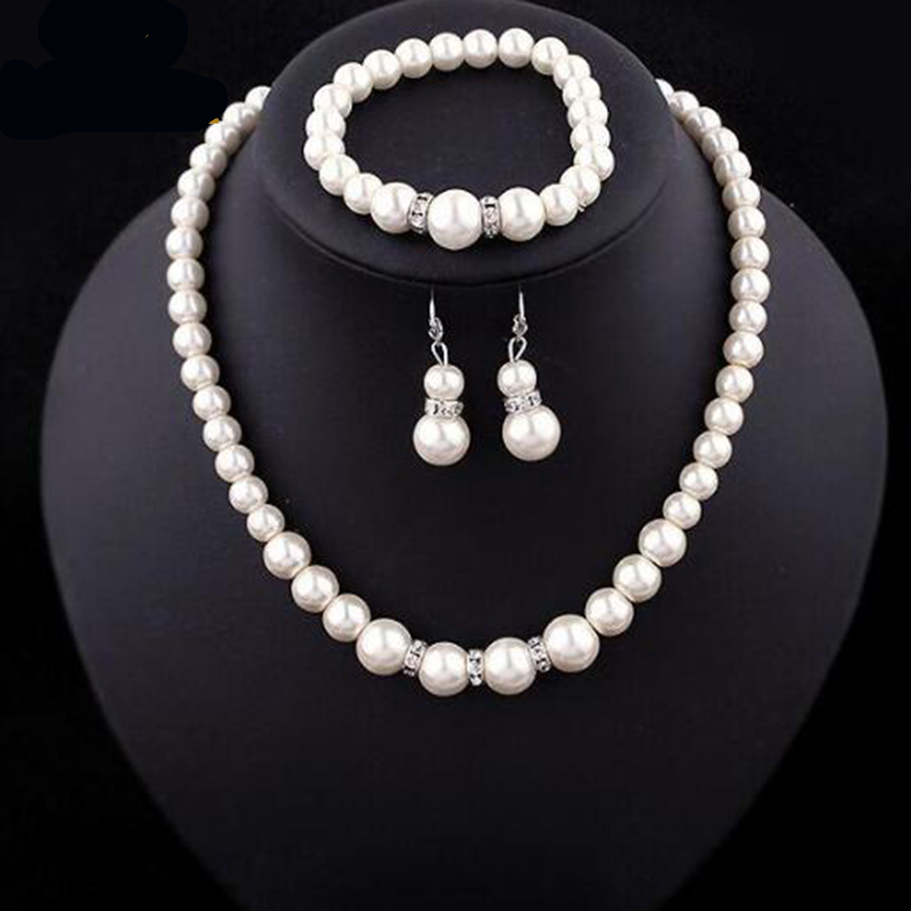 Pearl-Look Bridal Necklace, Bracelet and Earrings Set
