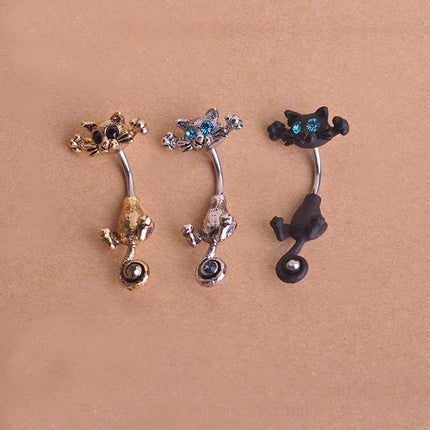 Cute Black Cat Shaped Jeweled Steel Belly Ring - Wnkrs