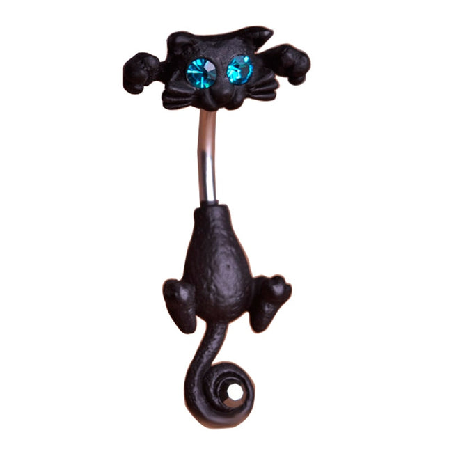Cute Black Cat Shaped Jeweled Steel Belly Ring