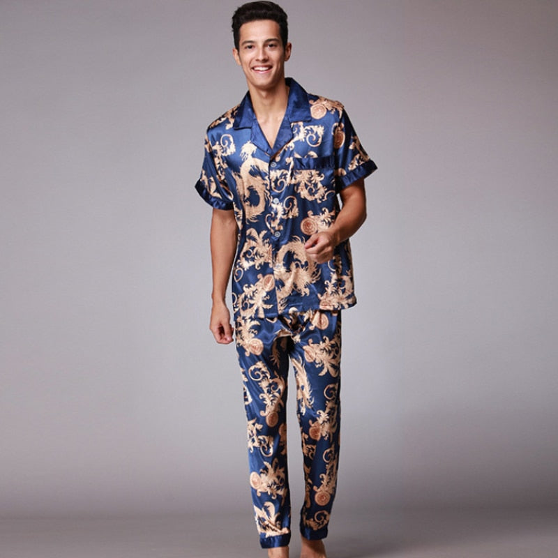 Men's Asian Style Satin Shirt and Pants Pajama Set