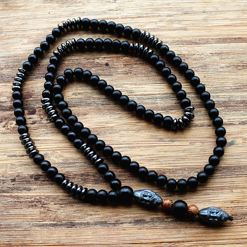 Men's Beaded Hematite Pendant Necklace