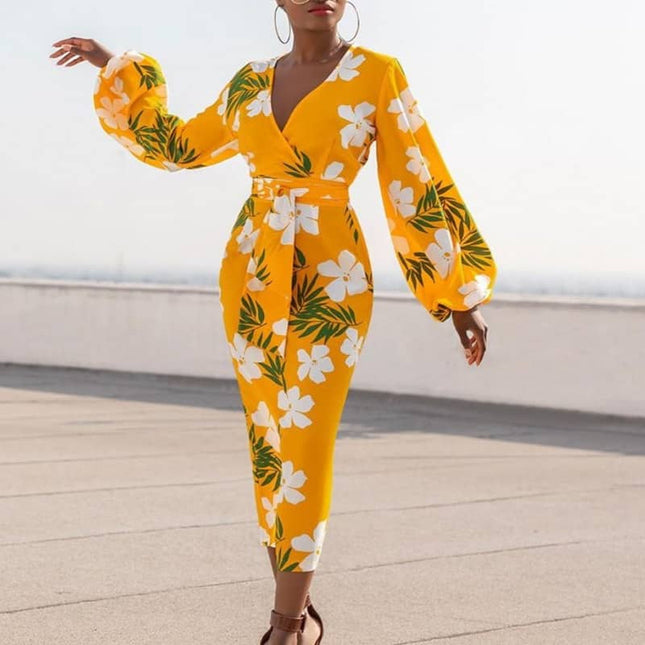 Yellow Floral Printed Bodycon Dress for Women - Wnkrs