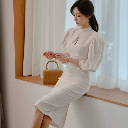 Women's Stand Collar Puff Sleeve White Dress - Wnkrs