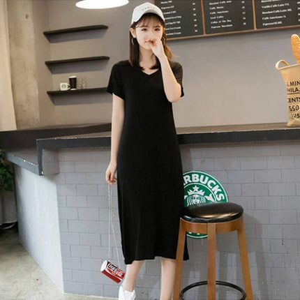 Women's Solid V-Neck Short Sleeved Summer T-Shirt Dress - Wnkrs