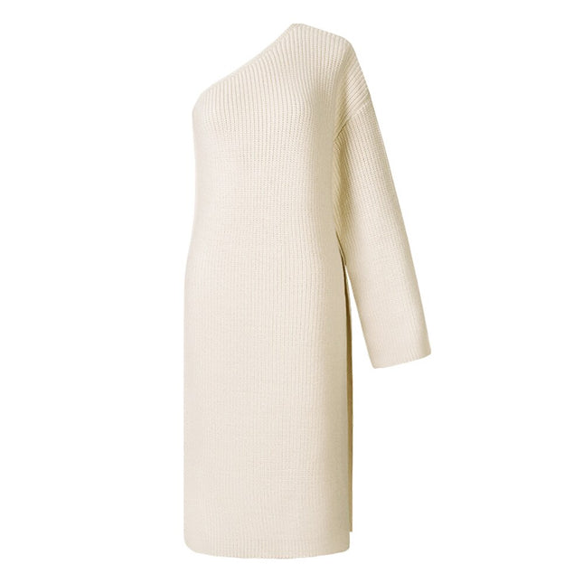 Long Sleeve Knitted One Shoulder Sweater Dress - Wnkrs